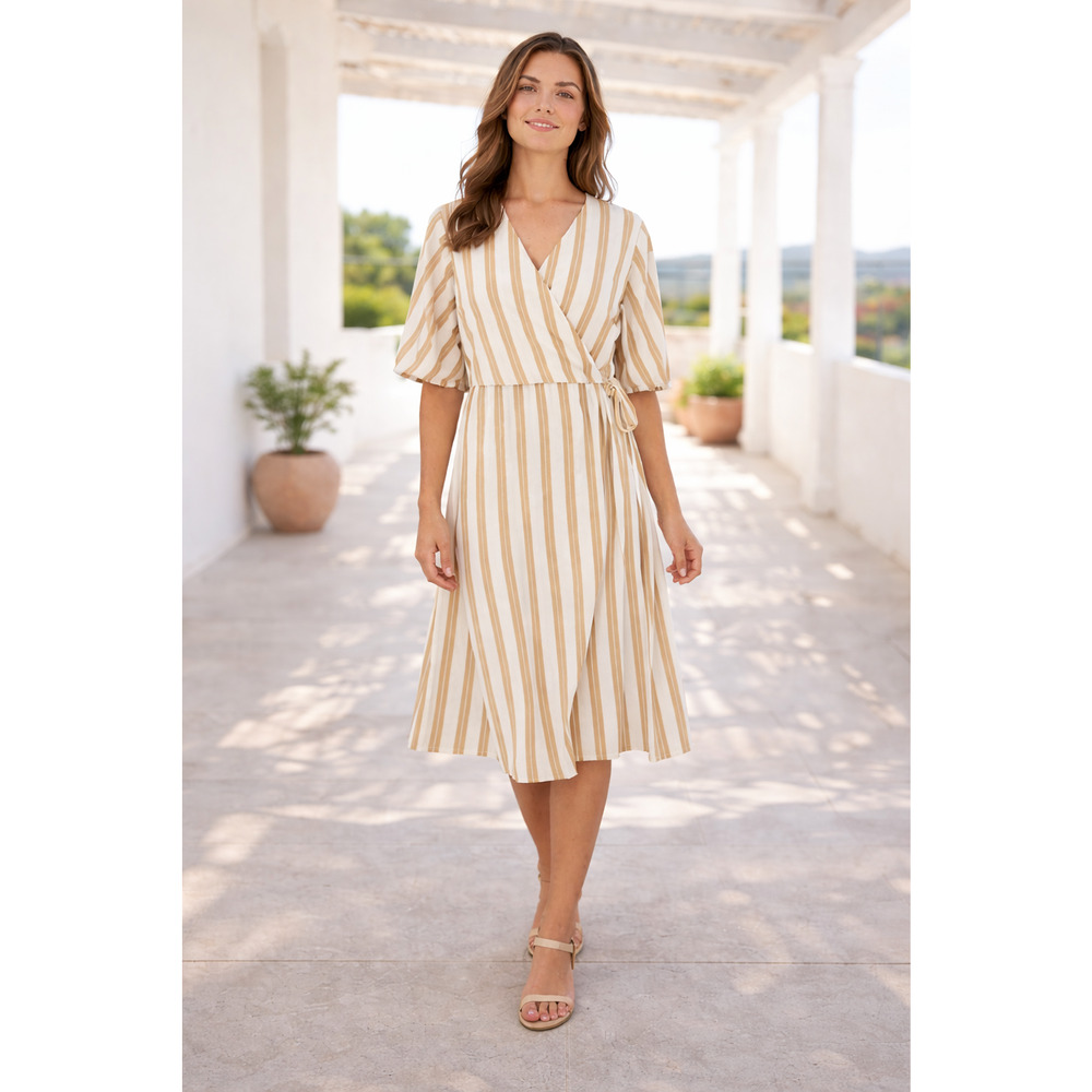 Stripe Wrap Dress White Tan Short Sleeve V Neck Midi Ann Taylor XLT Tall Chic